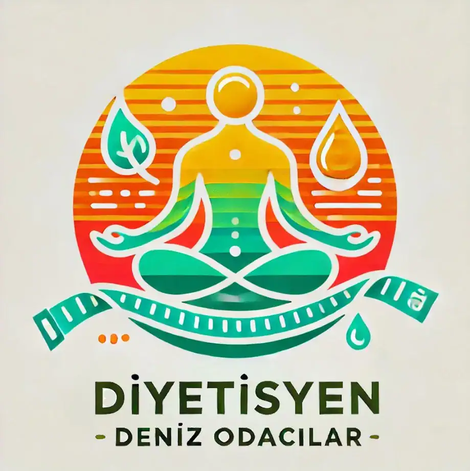 Görselde, meditasyon pozisyonunda oturan stilize bir figür yer almakta. Arka planda gün batımını andıran turuncu ve sarı tonlar bulunurken, figürün alt kısmında bir mezura ve yaprak detayları mevcut. Logo, sağlıklı beslenme, denge ve wellness temasını vurgulamaktadır.